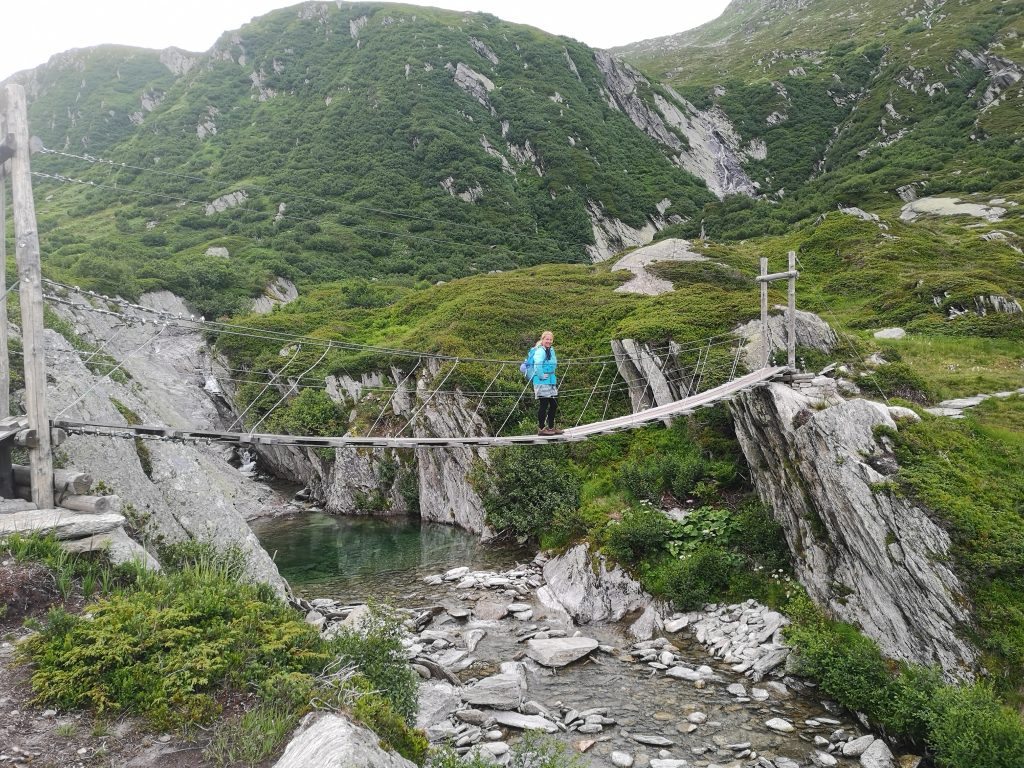 Hängebrücke an grasbewachsenen Felsen